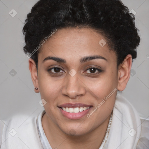 Joyful latino young-adult female with short  brown hair and brown eyes