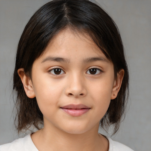 Joyful white child female with medium  brown hair and brown eyes