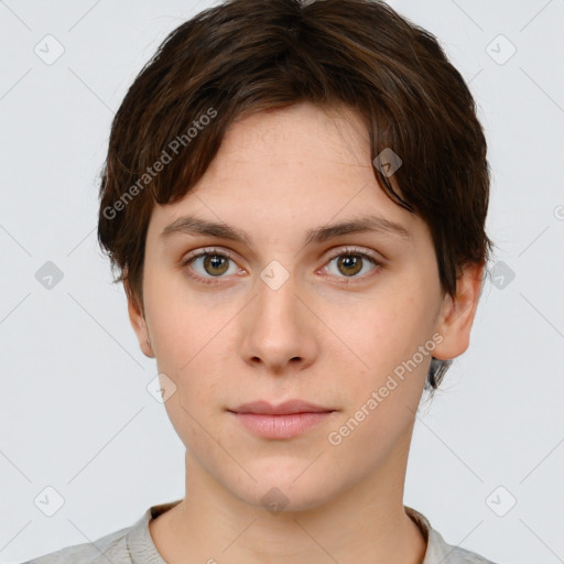 Neutral white young-adult female with short  brown hair and brown eyes