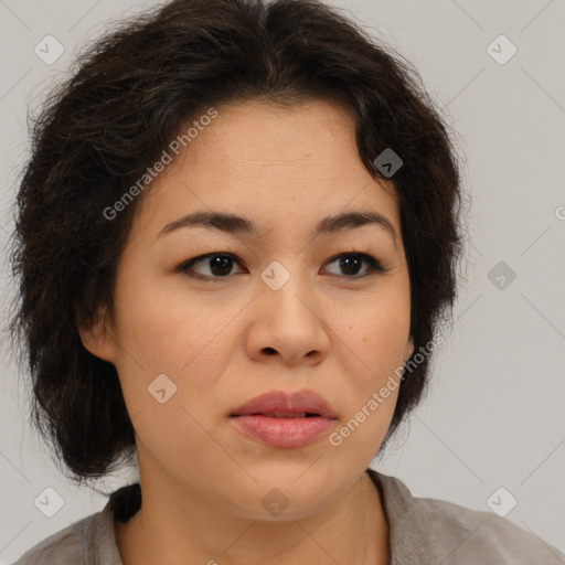 Neutral asian young-adult female with medium  brown hair and brown eyes