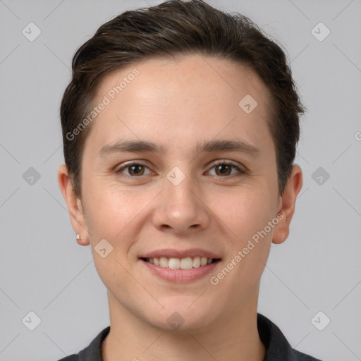 Joyful white young-adult female with short  brown hair and brown eyes