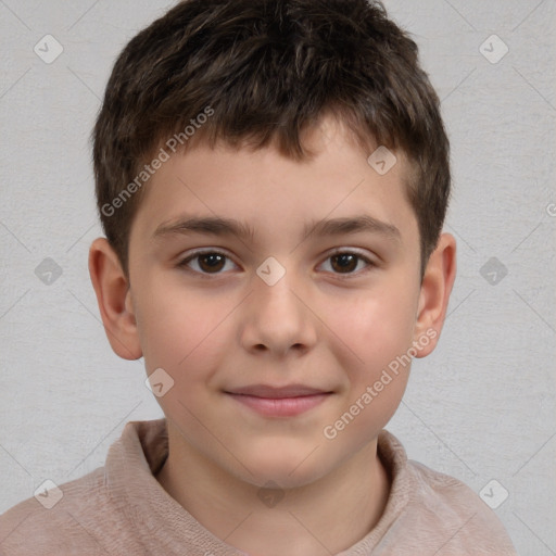 Joyful white child male with short  brown hair and brown eyes