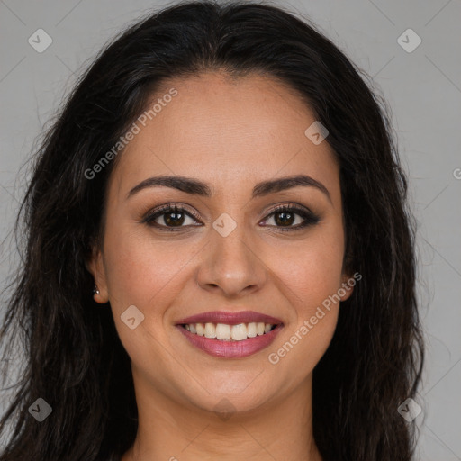 Joyful white young-adult female with long  brown hair and brown eyes