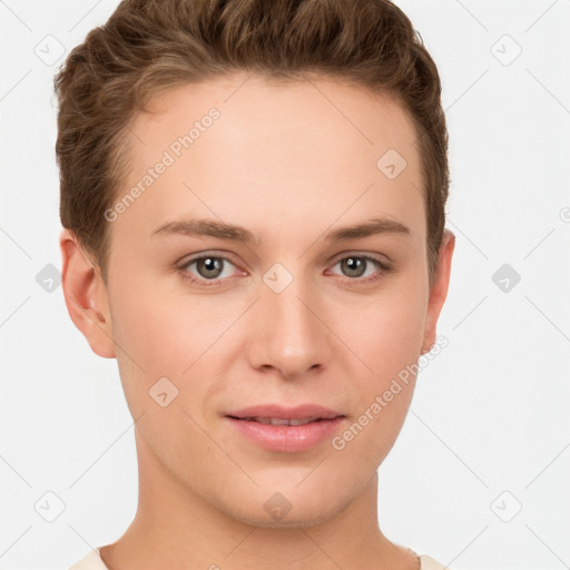 Joyful white young-adult female with short  brown hair and grey eyes