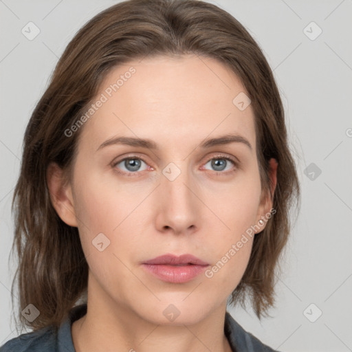 Neutral white young-adult female with medium  brown hair and grey eyes