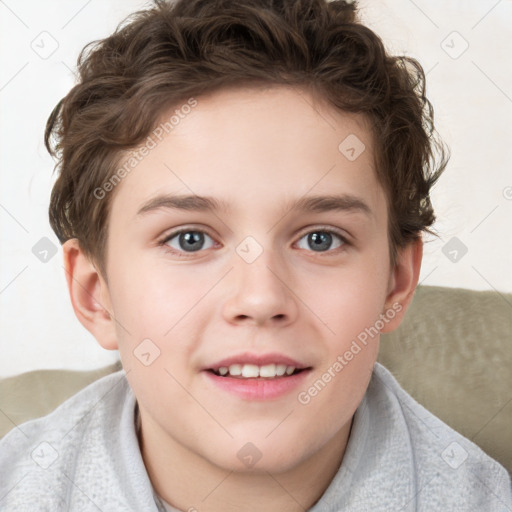 Joyful white child female with short  brown hair and brown eyes