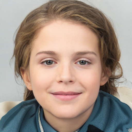 Joyful white child female with medium  brown hair and brown eyes