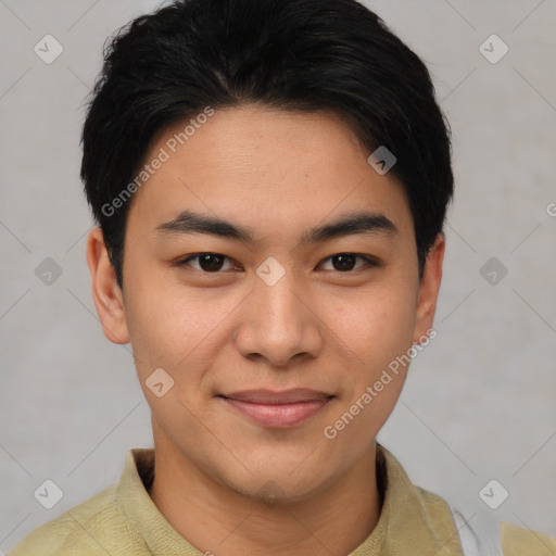 Joyful asian young-adult male with short  brown hair and brown eyes