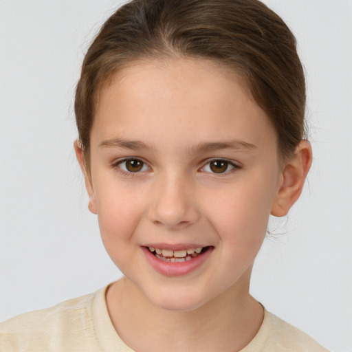 Joyful white child female with medium  brown hair and brown eyes