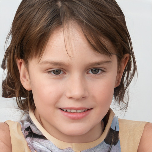 Joyful white child female with medium  brown hair and brown eyes