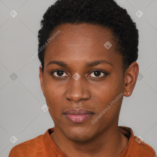 Neutral black young-adult female with short  black hair and brown eyes