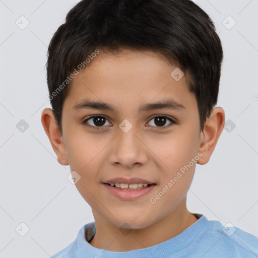 Joyful white child male with short  brown hair and brown eyes