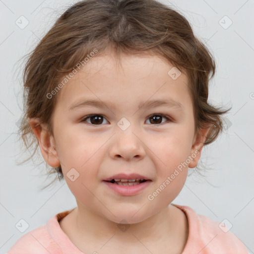 Joyful white child female with medium  brown hair and brown eyes