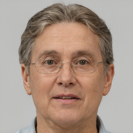 Joyful white middle-aged male with short  brown hair and brown eyes