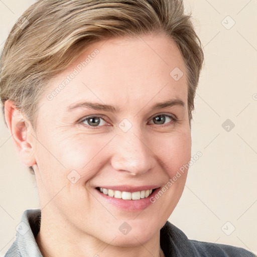 Joyful white young-adult female with medium  brown hair and blue eyes