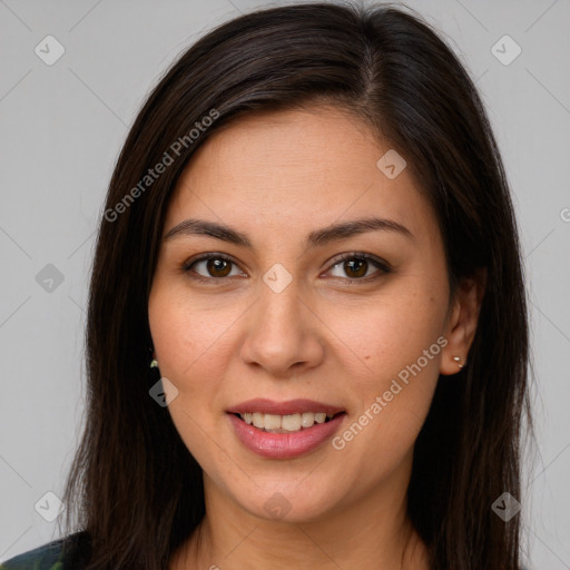 Joyful white young-adult female with long  brown hair and brown eyes