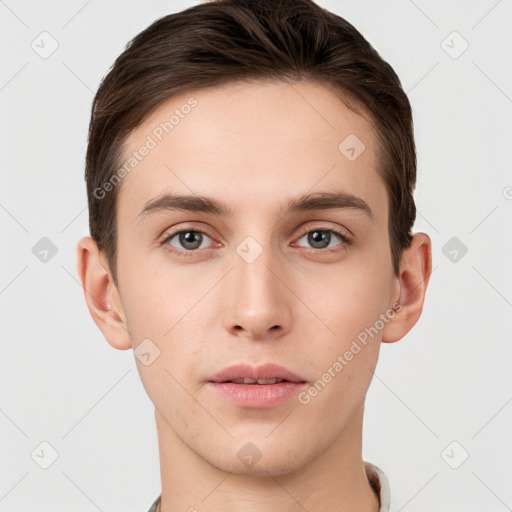 Neutral white young-adult male with short  brown hair and brown eyes