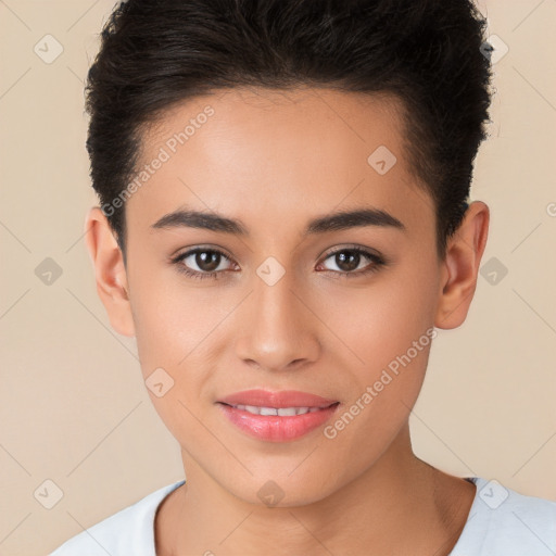 Joyful white young-adult female with short  brown hair and brown eyes