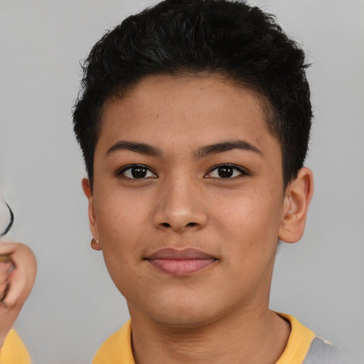 Neutral asian young-adult female with short  brown hair and brown eyes