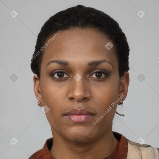 Neutral black young-adult female with short  black hair and brown eyes