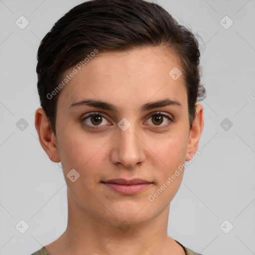 Joyful white young-adult female with short  brown hair and brown eyes