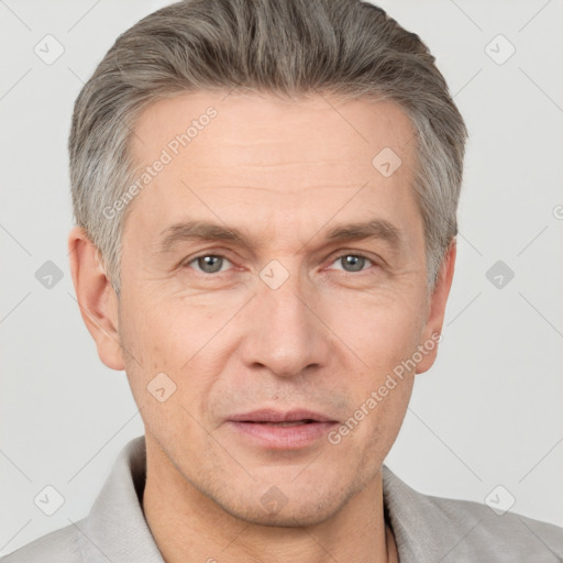 Neutral white adult male with short  brown hair and grey eyes