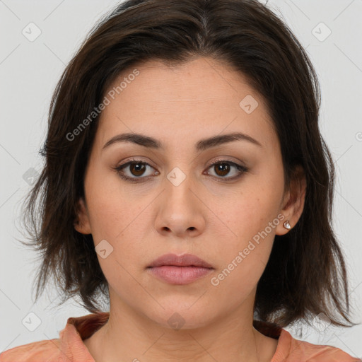 Neutral white young-adult female with medium  brown hair and brown eyes