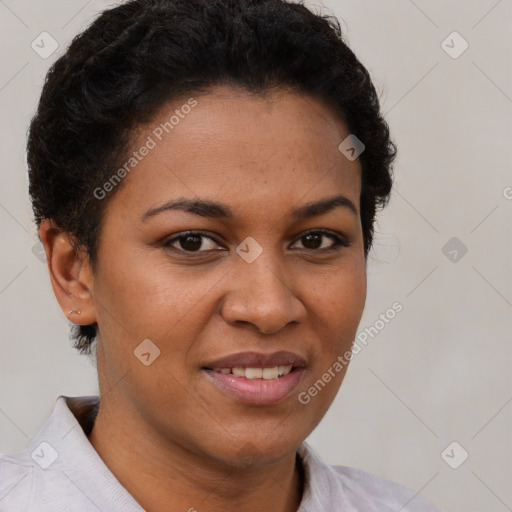 Joyful latino young-adult female with short  brown hair and brown eyes