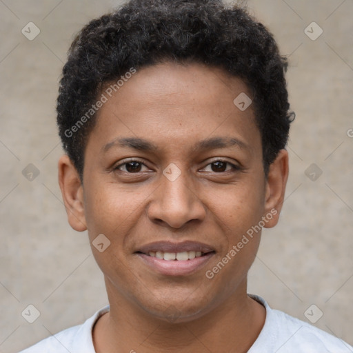 Joyful latino young-adult male with short  brown hair and brown eyes