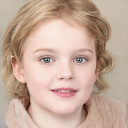 Joyful white child female with medium  brown hair and blue eyes