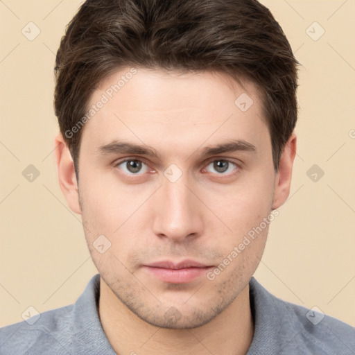 Neutral white young-adult male with short  brown hair and brown eyes