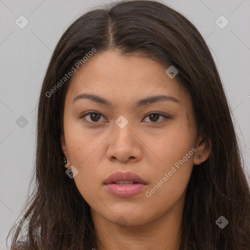 Neutral asian young-adult female with long  brown hair and brown eyes