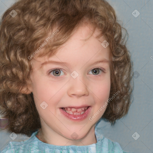 Joyful white child female with medium  brown hair and blue eyes