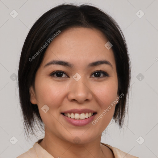 Joyful white young-adult female with medium  brown hair and brown eyes