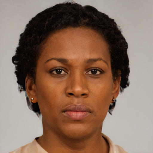 Neutral black young-adult female with short  brown hair and brown eyes