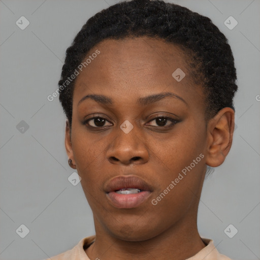 Neutral black young-adult female with short  black hair and brown eyes