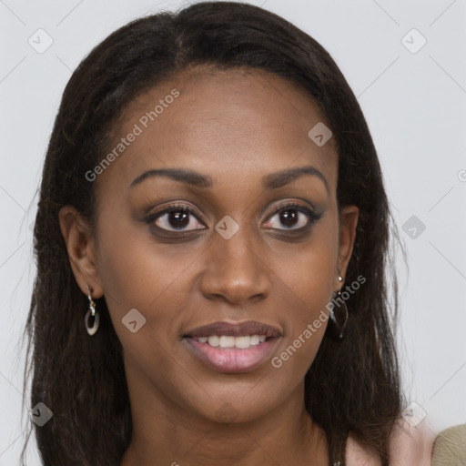 Joyful black young-adult female with long  brown hair and brown eyes