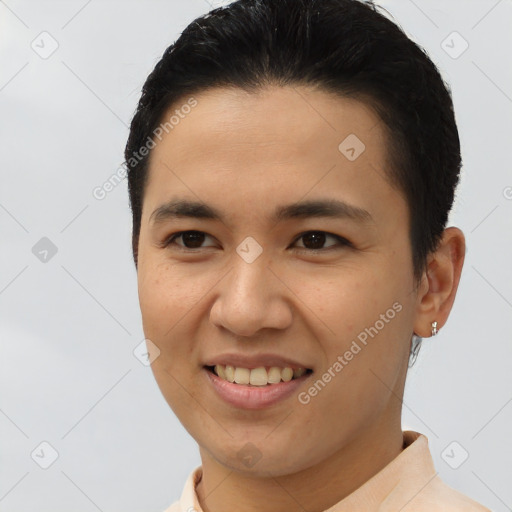 Joyful white young-adult male with short  brown hair and brown eyes