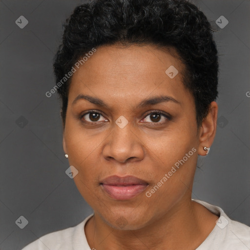 Joyful black young-adult female with short  brown hair and brown eyes