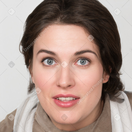 Joyful white young-adult female with medium  brown hair and blue eyes