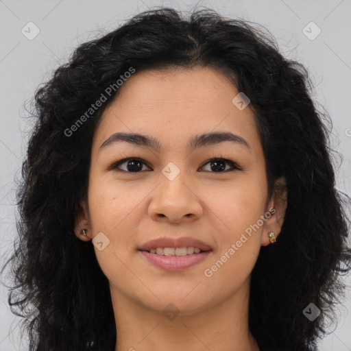 Joyful asian young-adult female with long  brown hair and brown eyes