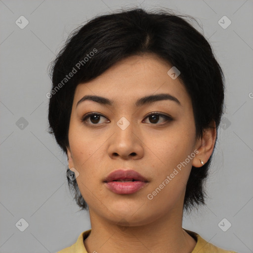 Neutral asian young-adult female with medium  black hair and brown eyes