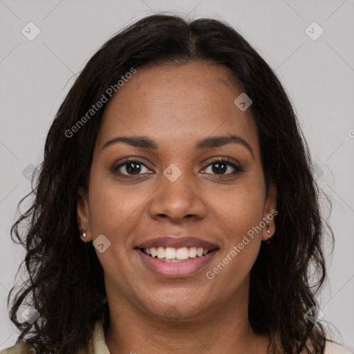 Joyful latino young-adult female with long  brown hair and brown eyes