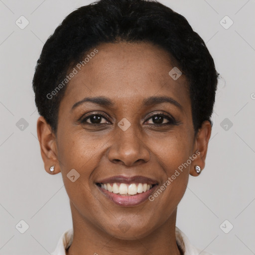 Joyful black young-adult female with short  black hair and brown eyes