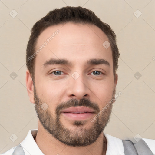 Neutral white young-adult male with short  brown hair and brown eyes