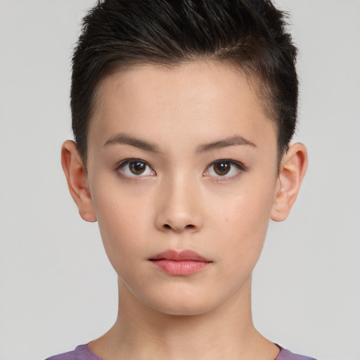 Neutral white young-adult female with short  brown hair and brown eyes