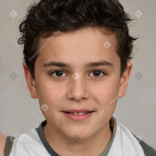 Joyful white child male with short  brown hair and brown eyes