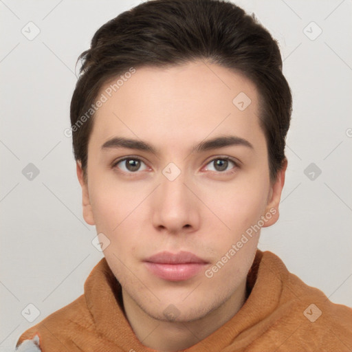 Neutral white young-adult male with short  brown hair and brown eyes