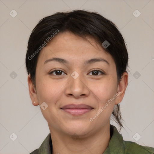 Joyful white young-adult female with short  brown hair and brown eyes