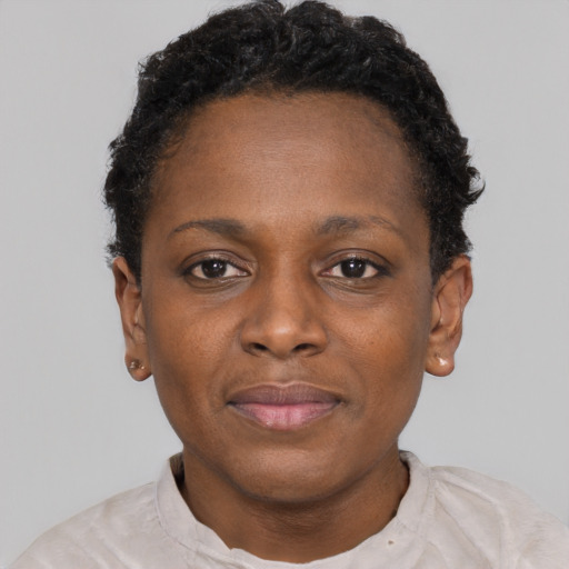 Neutral black young-adult female with short  black hair and brown eyes